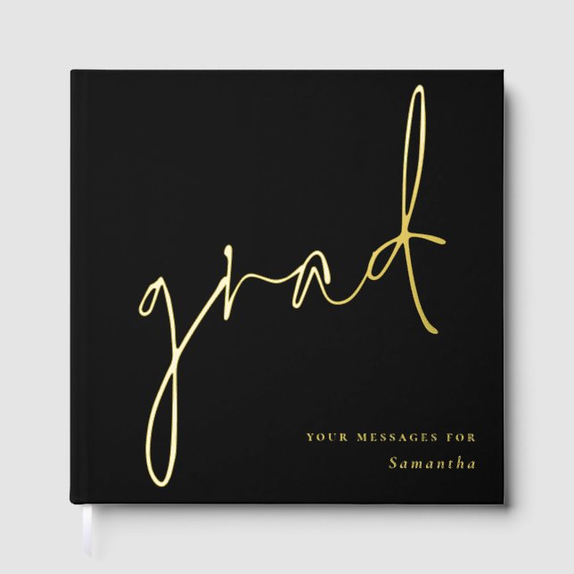 Minimalist Modern Script Grad Graduation Black Foil Guest Book (Front)