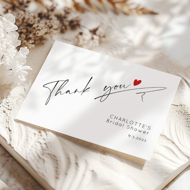 Minimalist modern script heart Bridal Shower Thank You Card (Creator Uploaded)