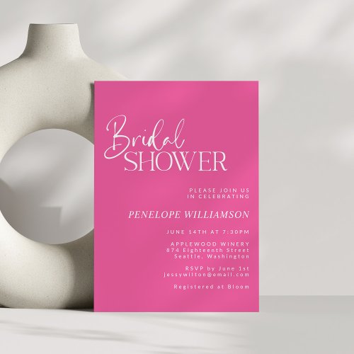 Minimalist Modern Script Hot Pink Bridal Shower Invitation
