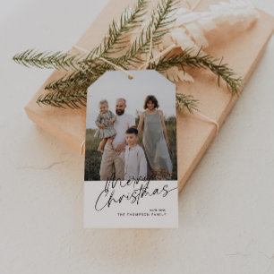 Minimalist Modern Script Merry Christmas Photo Gift Tags