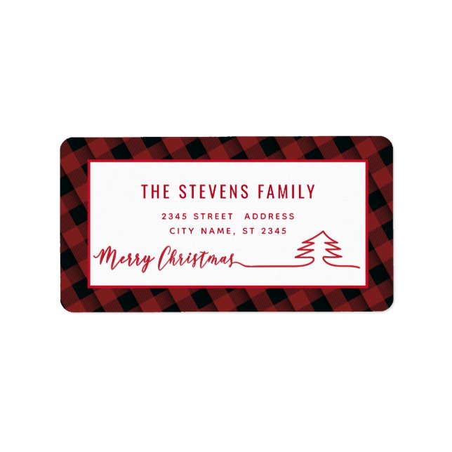 Minimalist modern script Merry Christmas red plaid Label (Front)