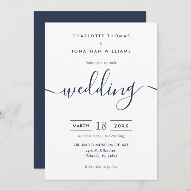 Minimalist Modern Script Navy Blue Wedding Invitation (Front/Back)