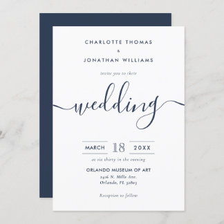 Minimalist Modern Script Navy Blue Wedding Invitation