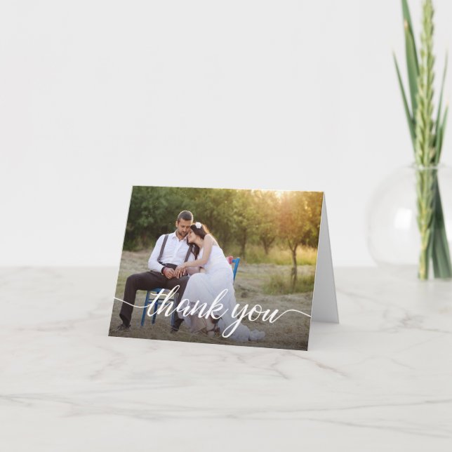Minimalist Modern Script overlay Wedding Photos  Thank You Card (Front)