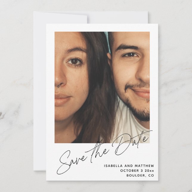 Minimalist Modern Script Personalized Custom Photo Save The Date (Front)