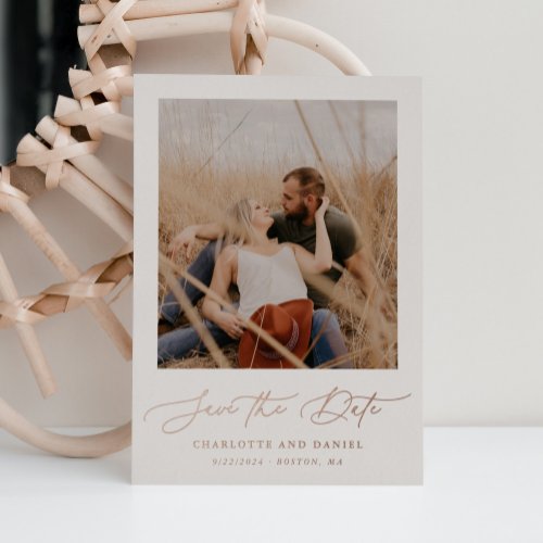 Minimalist Modern Script Photo Frame Beige Foil Invitation