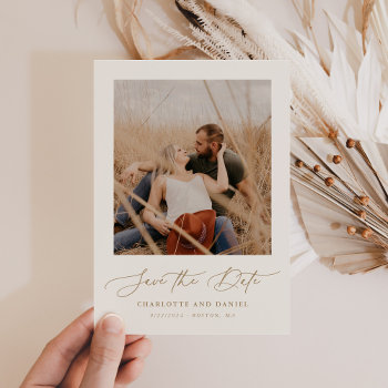 Minimalist Modern Script Photo Frame Beige Gold Save The Date by NBpaperco at Zazzle