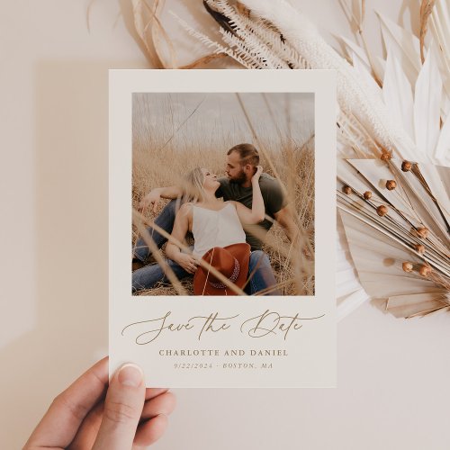 Minimalist Modern Script Photo Frame Beige Gold Save The Date