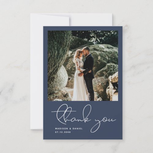 Minimalist Modern Script Photo Simple Blue Wedding Thank You Card