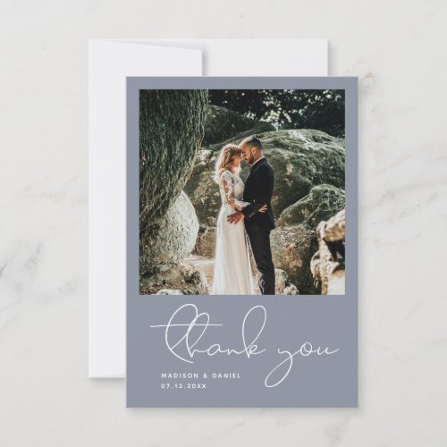 Minimalist Modern Script Photo Simple Blue Wedding Thank You Card