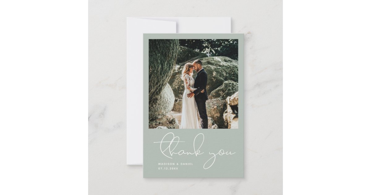 Minimalist Modern Script Photo Simple Blue Wedding Thank You Card | Zazzle