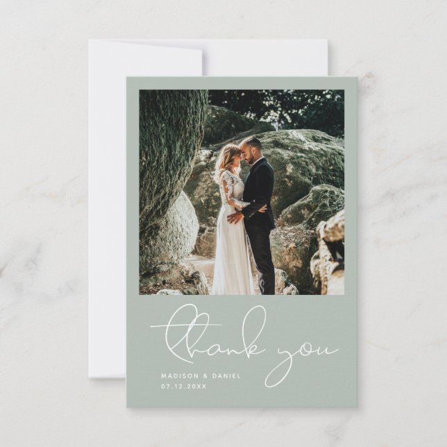 Minimalist Modern Script Photo Simple Blue Wedding Thank You Card (Front)