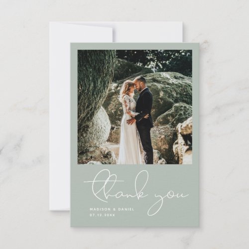 Minimalist Modern Script Photo Simple Blue Wedding Thank You Card