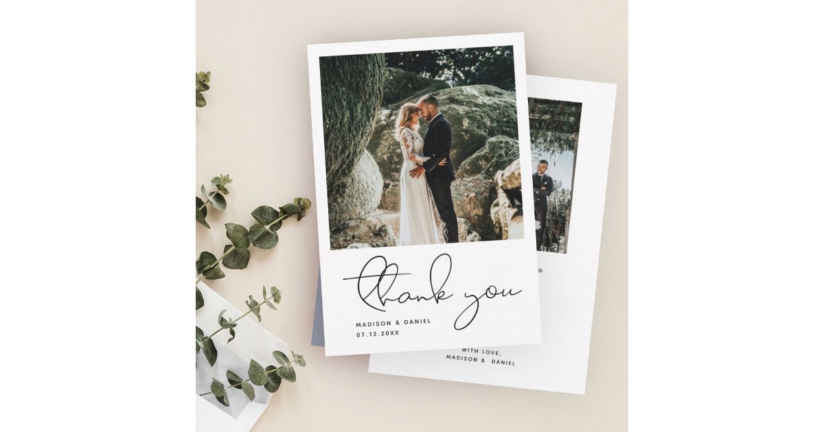 Minimalist Modern Script Photo Simple Wedding Thank You Card | Zazzle