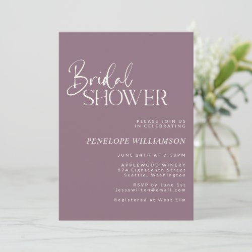 Minimalist Modern Script Purple Bridal Shower Invitation