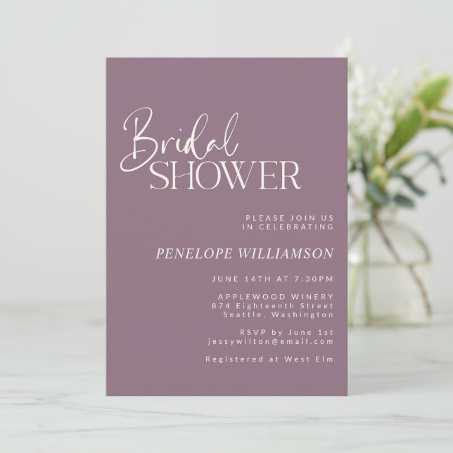 Minimalist Modern Script Purple Bridal Shower Invitation (Standing Front)