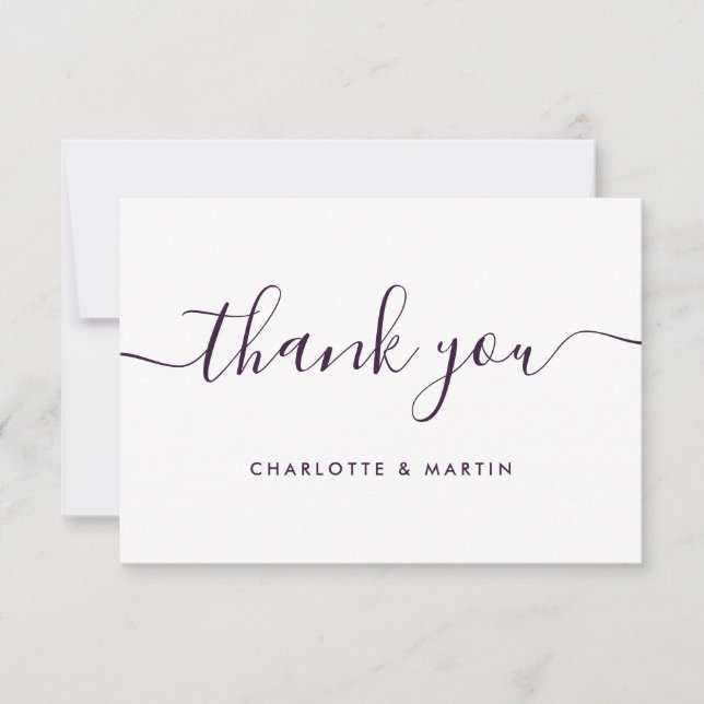 Minimalist Modern Script Purple Wedding Thank You Card (Front)