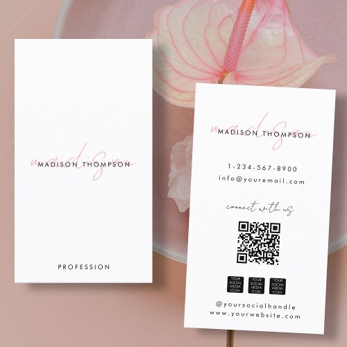 Minimalist Modern Script QR Code Social Media Chic Business Card