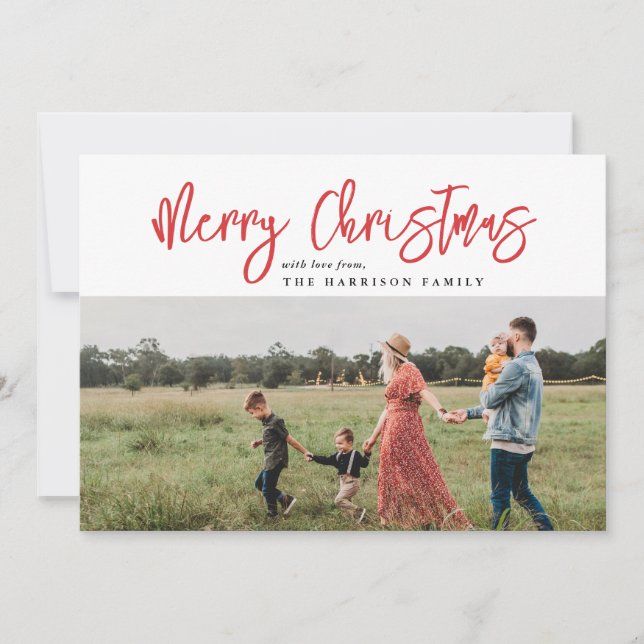Minimalist Modern Script Red Merry Christmas Photo Holiday Card (Front)