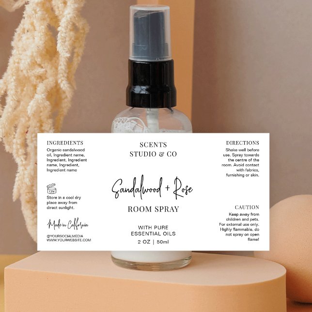Minimalist Modern Script Room Spray Bottle Product Label (Spray bottle wrapper sticker, great for air fresheners or linen sprays)