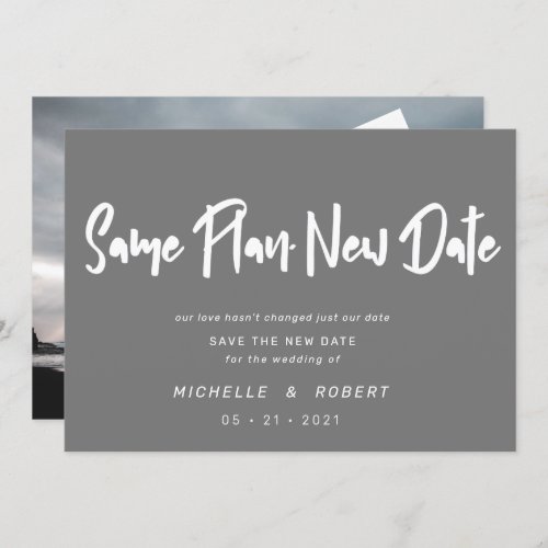 minimalist modern script two photo change the date invitation