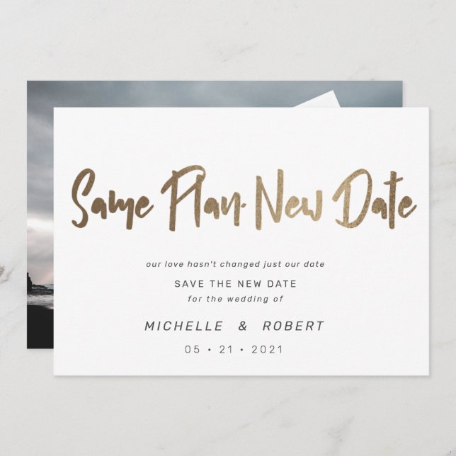 minimalist modern script two photo change the date invitation (Front/Back)