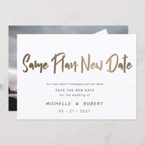 minimalist modern script two photo change the date invitation