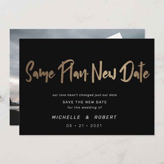 minimalist modern script two photo change the date invitation (Front/Back)