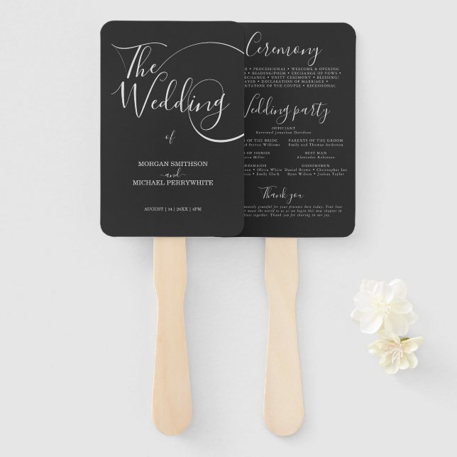 Minimalist modern script typography wedding hand fan (Front and Back)