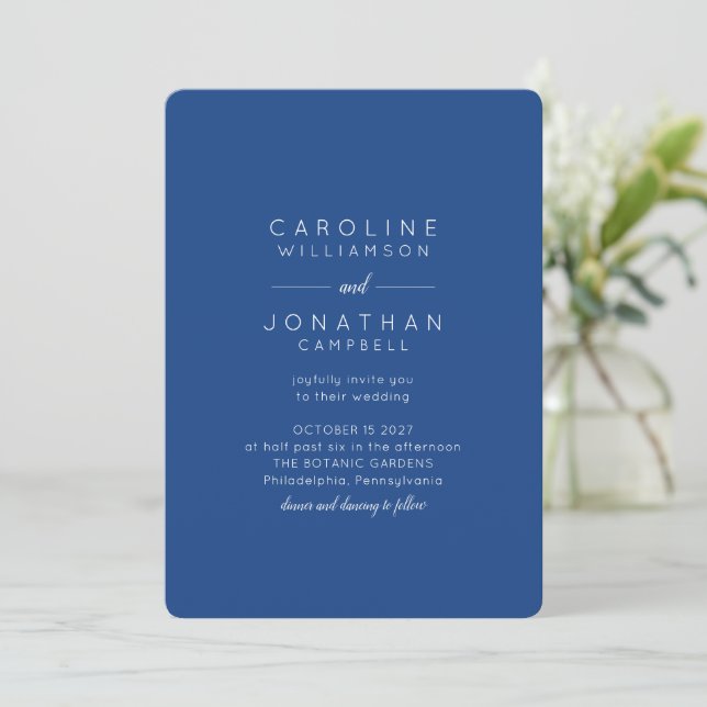 Minimalist Modern Script Wedding Cobalt Blue Names Invitation (Standing Front)