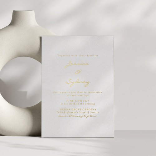 Minimalist Modern Script Wedding White and Gold  Foil Invitation