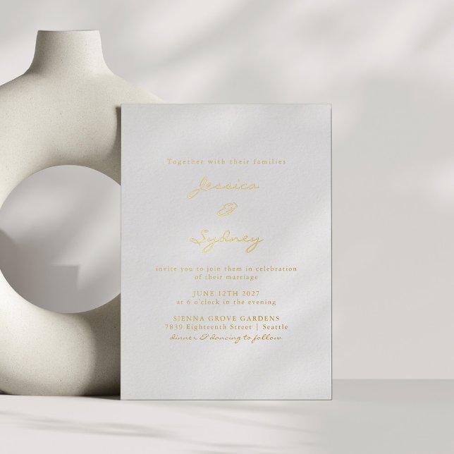 Minimalist Modern Script Wedding White and Gold  Foil Invitation (Creator Uploaded)