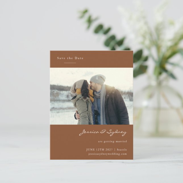 Minimalist Modern Sienna Brown Photo Save The Date Postcard (Standing Front)