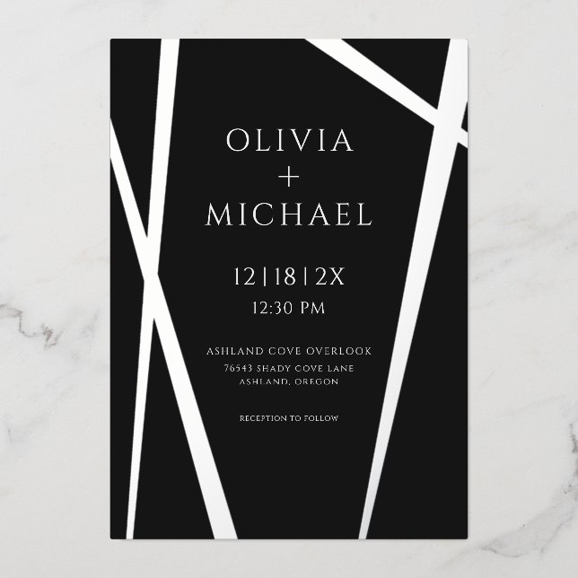 Minimalist Modern Silver Black Foil Invitation (Front)