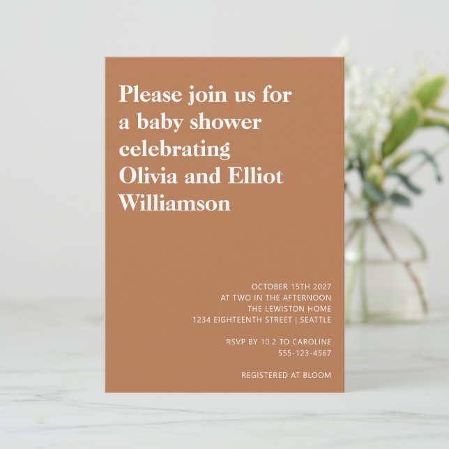 Minimalist Modern Simple Baby Shower Terracotta Invitation (Standing Front)