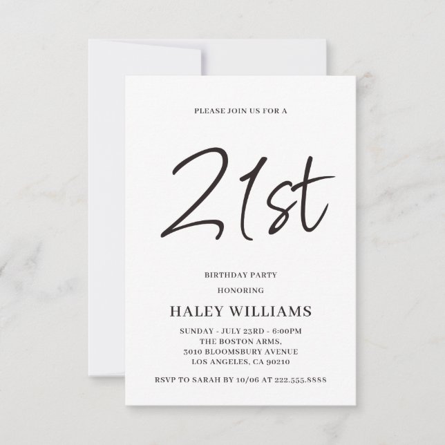 Minimalist Modern Simple Calligraphy 21st Birthday Invitation (Front)
