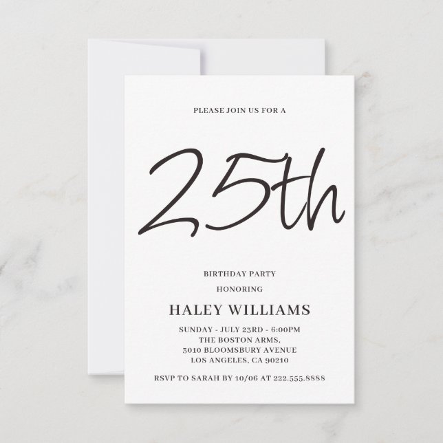 Minimalist Modern Simple Calligraphy 25th Birthday Invitation (Front)