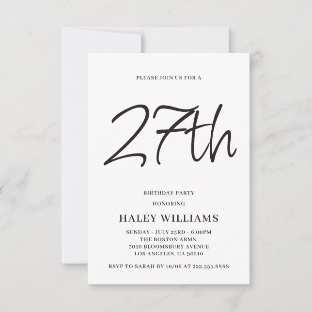 Minimalist Modern Simple Calligraphy 27th Birthday Invitation (Front)