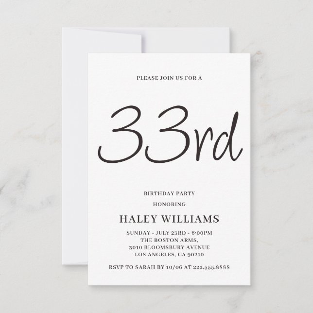 Minimalist Modern Simple Calligraphy 33rd Birthday Invitation (Front)