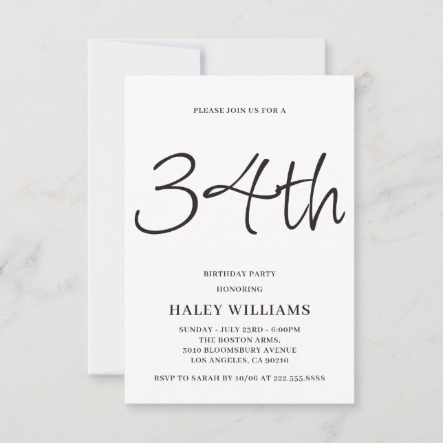 Minimalist Modern Simple Calligraphy 34th Birthday Invitation (Front)