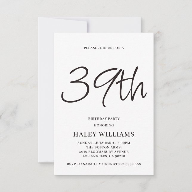 Minimalist Modern Simple Calligraphy 39th Birthday Invitation (Front)