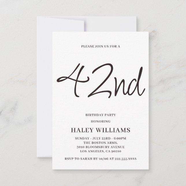 Minimalist Modern Simple Calligraphy 42nd Birthday Invitation (Front)