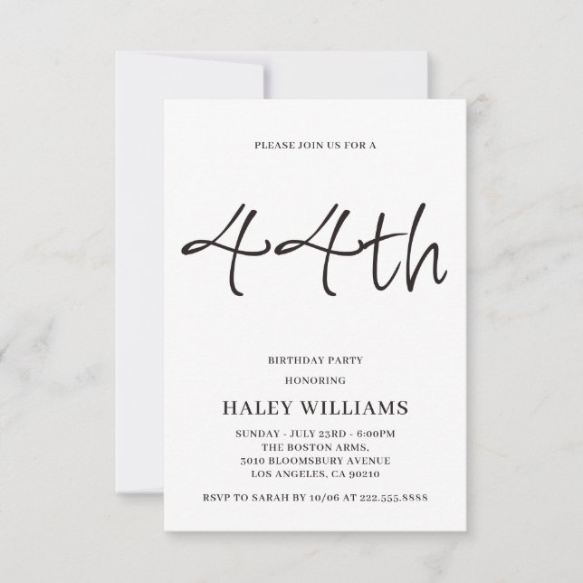 Minimalist Modern Simple Calligraphy 44th Birthday Invitation (Front)