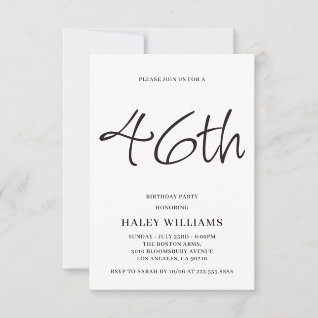 Minimalist Modern Simple Calligraphy 46th Birthday Invitation (Front)