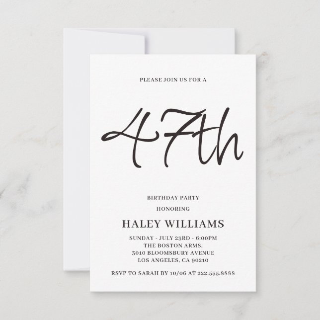 Minimalist Modern Simple Calligraphy 47th Birthday Invitation (Front)