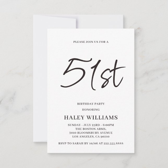 Minimalist Modern Simple Calligraphy 51st Birthday Invitation (Front)