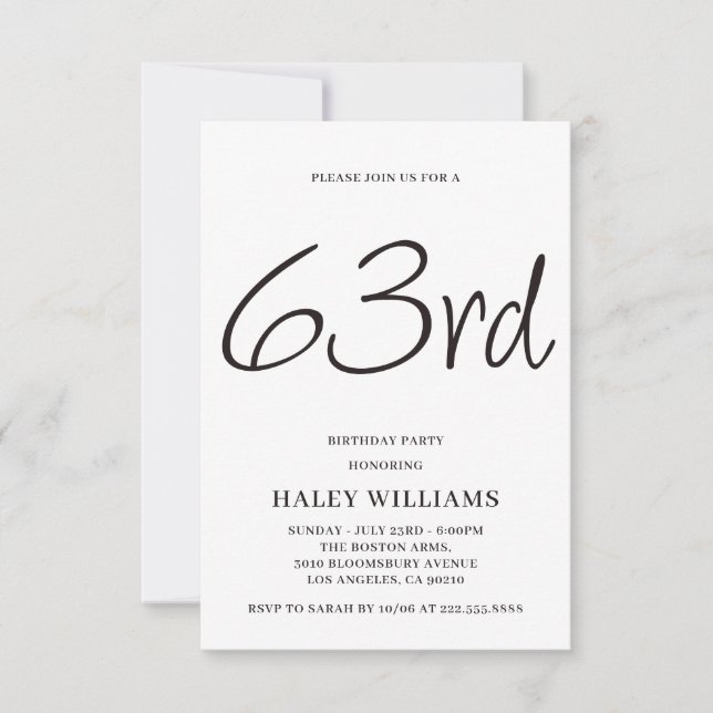Minimalist Modern Simple Calligraphy 63rd Birthday Invitation (Front)