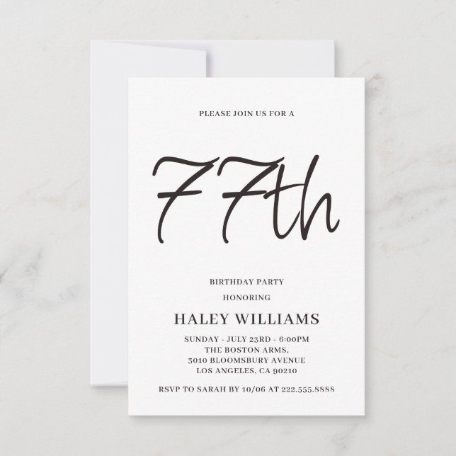 Minimalist Modern Simple Calligraphy 77th Birthday Invitation (Front)