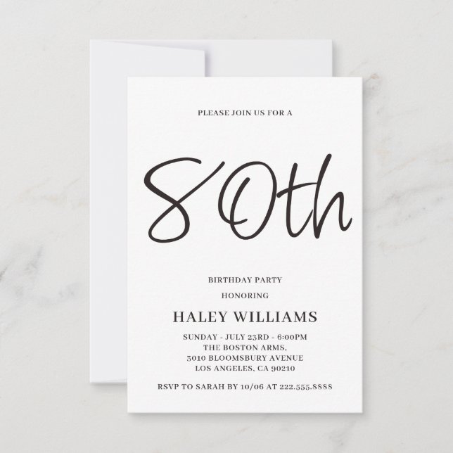 Minimalist Modern Simple Calligraphy 80th Birthday Invitation (Front)