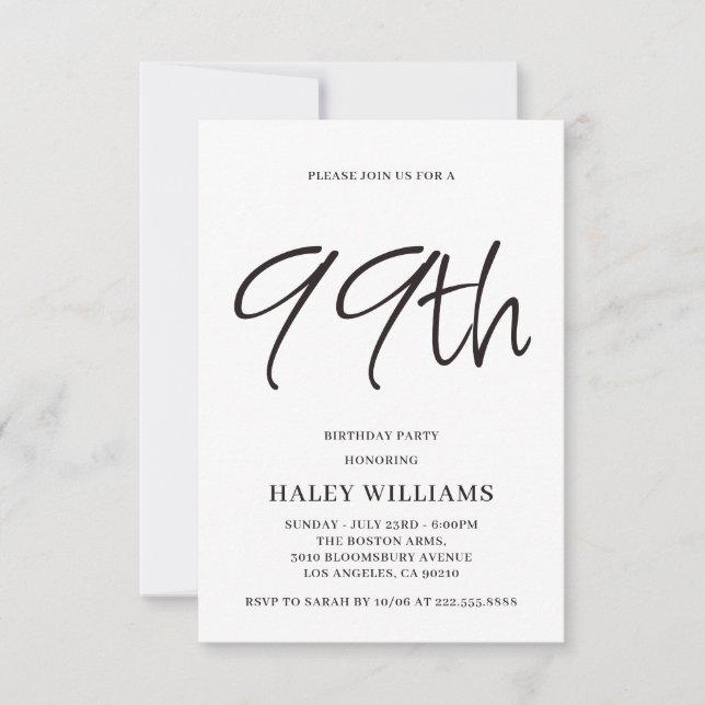 Minimalist Modern Simple Calligraphy 99th Birthday Invitation (Front)